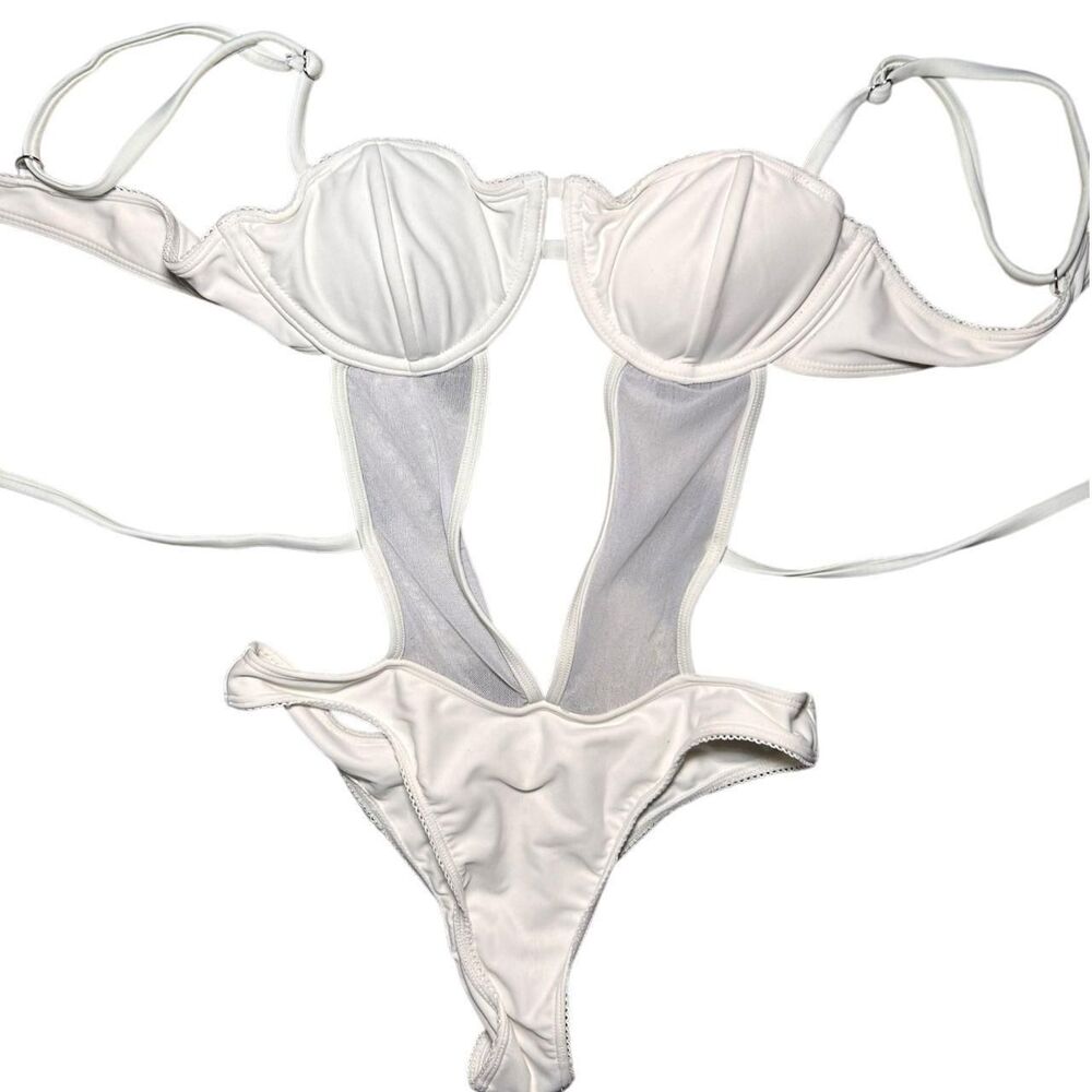 Women's White and Cream Swimsuit-one-piece